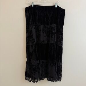 Chico's‎ Black Velvet Burnout Tiered Midi Skirt Lace Trim Boho Size 1 Whimsigoth